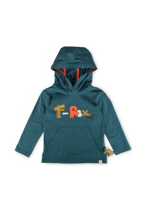 Felpa con cappuccio teal per bambini con la scritta T-Rex e dettagli applicati a tema dinosauro, con tasca frontale e striscia arancione all'interno del cappuccio.