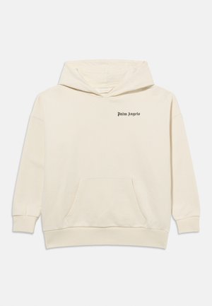 Cremefarbener Hoodie mit Vorderkängurutasche und kleinem schwarzem "Palm Angels"-Logo auf der linken Brust, dargestellt vor weißem Hintergrund.