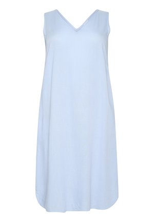 Abito senza maniche di un blu chiaro con scollo a V, design morbido e tessuto soffice. Orlo arrotondato con un leggero drappeggio, adatto per un abbigliamento informale.