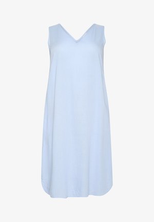 Robe sans manches bleu clair avec un décolleté en V, design ample et texture douce. Ourlet arrondi avec une légère draperie, adaptée à un usage décontracté.