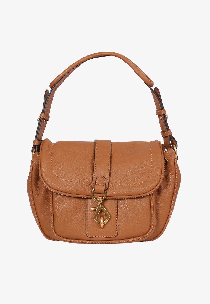 Taschenhandtasche aus hellbraunem Leder mit einer geschwungenen Klappe, goldfarbener Hardware, einem oberen Griff und einem verstellbaren Tragegurt. Texturierte Oberfläche mit sichtbarer Naht.