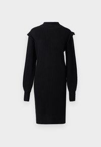 Black ribbed knit dress with long sleeves, high neck, and ruffled shoulder details. The fabric has a textured finish. Straight silhouette.