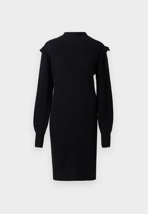 Schwarzes, geripptes Strickkleid mit langen Ärmeln, hohem Hals und Rüschendetails an den Schultern. Der Stoff hat eine strukturierte Oberfläche. Gerade Silhouette.
