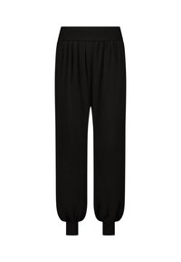 Schwarze Jogginghosen aus glattem Stoff; mit einem elastischen Bund und Bündchen an den Säumen für eine entspannte Passform. Keine sichtbaren Muster oder Akzente.