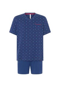 Conjunto de pijama de algodón azul marino que incluye una camiseta de cuello en V con estampado de anclas rojas y blancas, bolsillo en el pecho y pantalones cortos a juego. Diseño sencillo, textura suave.