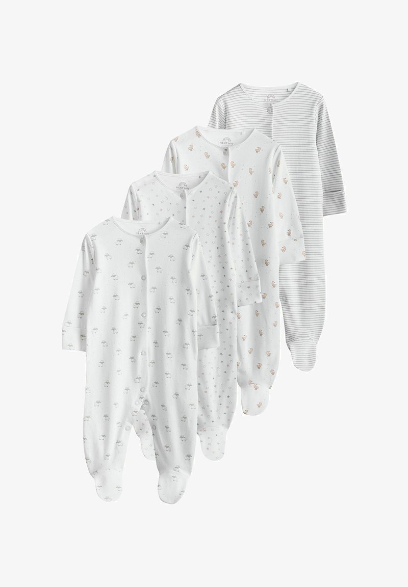 Neli beebide magamiskotid valgest kangast, millel on erinevad mustrid: pilved, tähed ja triibud, pikaaeliste varrukate ja täispikkade jalgade kattega.