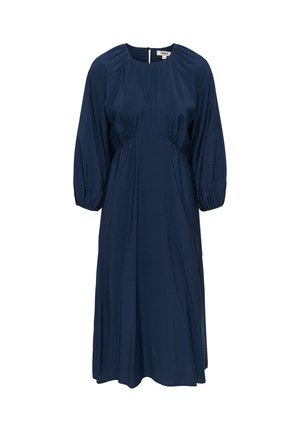 Navy blauwe midi-jurk met lange ballonmouwen, geplooide taille, ronde halslijn en ritssluiting aan de achterkant.