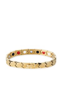 Guldfärgad armband med sammanlänkade zigzag-länkar, prytt med färgade emaljprickar i röd, vit, svart och grå. Synligt varumärke på låset.