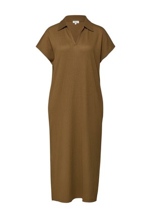 Braunes, texturiertes knielanges Kleid mit kurzen Ärmeln, V-Ausschnitt und kleinem Kragen.