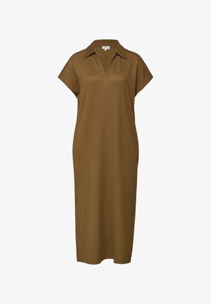 Braunes, texturiertes knielanges Kleid mit kurzen Ärmeln, V-Ausschnitt und kleinem Kragen.