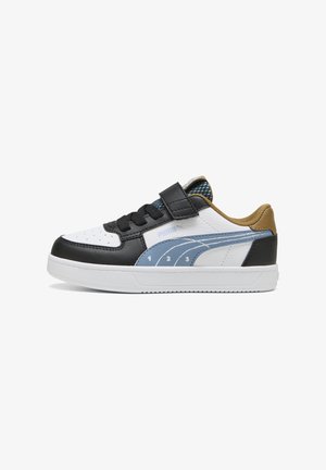 Schwarze und weiße Leder-Sneaker mit blauen Akzenten, gepolsterter Zunge, Schnürung mit Klettverschluss und strukturiertem Gummisohle. Verfügt über eine nummerierte Grafik.