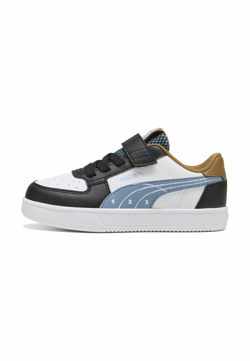 Zwart-witte leren sneaker met blauwe accenten, gevoerde tong, vetersluiting met klittenband en een gestructureerde rubberen zool. Heeft een genummerde grafiek.