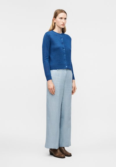 Γυναίκα που στέκεται φορώντας μπλε ζακέτα με κουμπιά, ανοιχτό γκρι παντελόνι με φαρδιά μπατζάκια και καφέ μπότες αστραγάλου σε απλό φωτεινό φόντο.