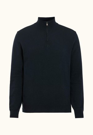 Dunkelblauer Pullover mit langen Ärmeln, gerippten Bündchen und Saum, ausgestattet mit einem kurzen, hochgeschlossenen Reißverschlusskragen.