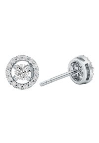 Orecchini a perno in argento con una pietra centrale trasparente circondata da un alone di pietre trasparenti più piccole, finitura lucida e fermagli a pressione sicuri.