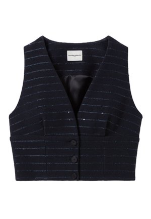 Gilet court bleu marine avec des rayures verticales, fabriqué dans un tissu texturé et orné de trois boutons noirs à l'avant. Intérieur doublé.