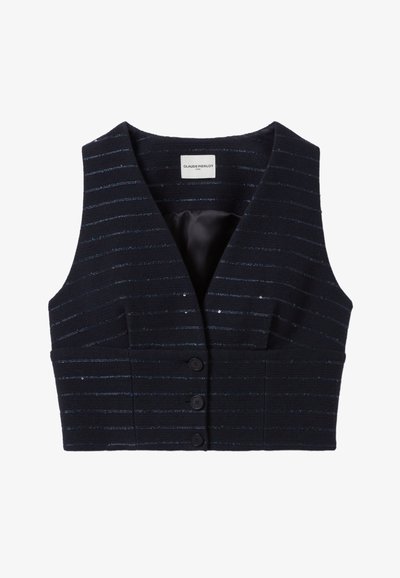 Gilet court bleu marine avec des rayures verticales, fabriqué dans un tissu texturé et orné de trois boutons noirs à l'avant. Intérieur doublé.