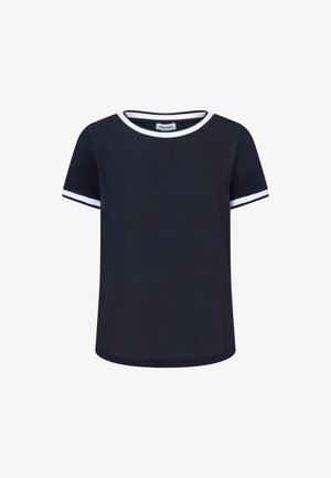 T-shirt bleu marine à manches courtes, encolure ronde avec bordure blanche, tissu doux, coupe droite, avec des accents blancs sur les manches.