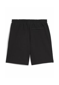 Shorts noirs en coton avec une taille élastique, dotés d'une poche arrière et d'un design simple et sans fioritures. Texture lisse, longueur genou.