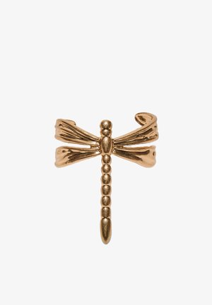 Manšetna zapestnica iz zlato obarvanega kovinskega materiala, oblikovana kot kačji pastir z razdeljenim telesom in teksturiranimi krili.