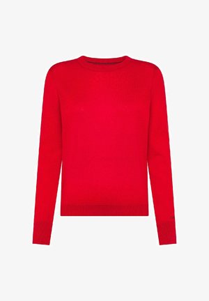 Maglione rosso lavorato a maglia con maniche lunghe, scollatura rotonda e polsini a coste. Tessuto morbido con un design leggermente aderente.