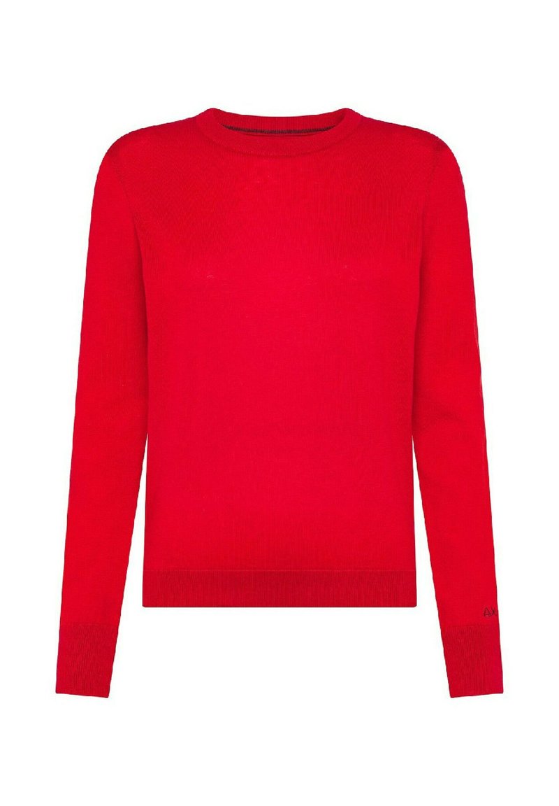 Maglione rosso lavorato a maglia con maniche lunghe, scollatura rotonda e polsini a coste. Tessuto morbido con un design leggermente aderente.