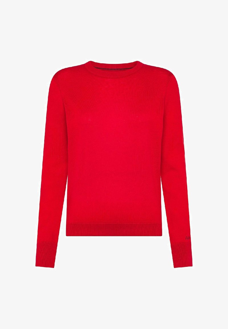Maglione rosso lavorato a maglia con maniche lunghe, scollatura rotonda e polsini a coste. Tessuto morbido con un design leggermente aderente.