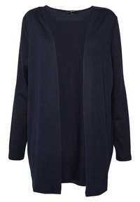 Navy blue cardigan made of lightweight fabric, featuring long sleeves, an open front, and a relaxed fit with no visible fastenings.