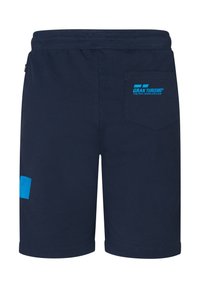 Námořnické modré šortky vyrobené z bavlny, s elastickým pasem, které mají zadní kapsu a modré logo "Gran Turismo" tištěné nad ní.