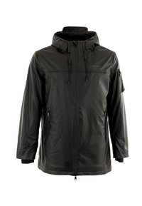 Giacca nera impermeabile con cappuccio, chiusura frontale con zip e due tasche laterali. Tessuto liscio con polsini elastici e logo sul petto.