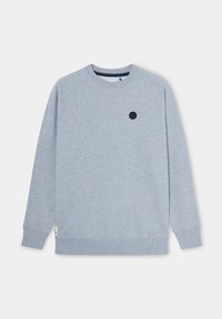 Sudadera gris claro hecha de tela suave, con mangas largas, cuello redondo y un logo circular negro en el pecho. Puños y dobladillo acanalados.