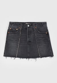 Black denim mini skirt with frayed hem, five-pocket design, visible stitching details, and copper-tone hardware accents.
