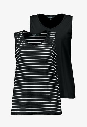 Deux tops sans manches : un noir, un noir et blanc à rayures. Les deux ont un décolleté en V et un tissu doux et lisse.