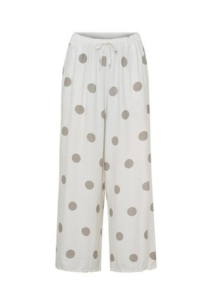 Hvide bukser med brede ben, grå prikker, elastisk linning og snøre, vist på en ensfarvet baggrund.