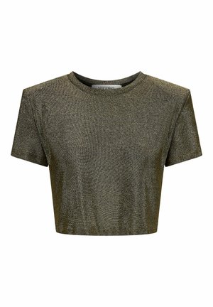 T-shirt court en tissu métallique vert foncé avec une texture lisse, décolleté rond et manches courtes. Présente un léger éclat.