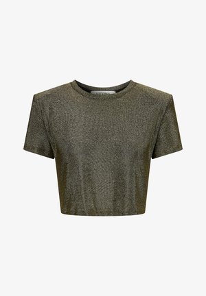 T-shirt court en tissu métallique vert foncé avec une texture lisse, décolleté rond et manches courtes. Présente un léger éclat.