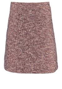 Gonna mini in misto di lana con una combinazione di tonalità rosa e marrone tenui, caratterizzata da una vita aderente e un orlo svasato.