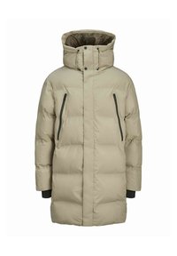 Beige puffer jacket with a high collar and adjustable hood. Features two vertical zip pockets and elastic cuffs for a snug fit.