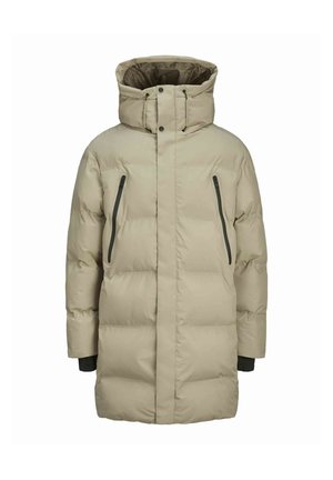 Chaqueta de plumas beige con un cuello alto y capucha ajustable. Cuenta con dos bolsillos verticales con zipper y puños elásticos para un ajuste ceñido.