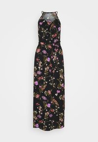 Robe maxi noire à imprimé floral ; dotée de bretelles spaghetti, d'une taille ajustée et d'une jupe fluide. Tissu doux avec une texture lisse.