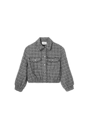 Veste courte en tweed à carreaux gris et noir avec fermeture boutonnée, deux poches poitrine avec boutons, ourlet élastique et manches longues avec poignets boutonnés.