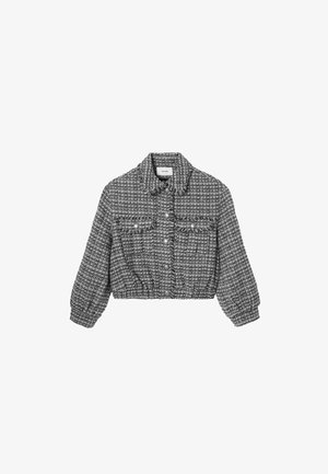 Veste courte en tweed à carreaux gris et noir avec fermeture boutonnée, deux poches poitrine avec boutons, ourlet élastique et manches longues avec poignets boutonnés.