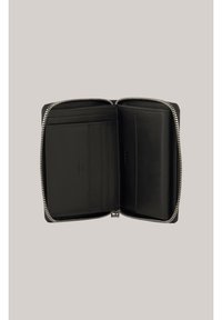 Black leather wallet with a zip-around closure, multiple card slots, and a compartment for cash or coins, featuring a smooth texture.