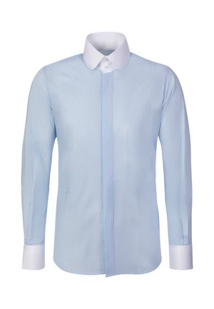 Jasnoniebieska męska koszula wizytowa w cienkie paski, z białym kołnierzykiem i mankietami, z przodem na guziki oraz ukrytymi guzikami, z długimi rękawami.