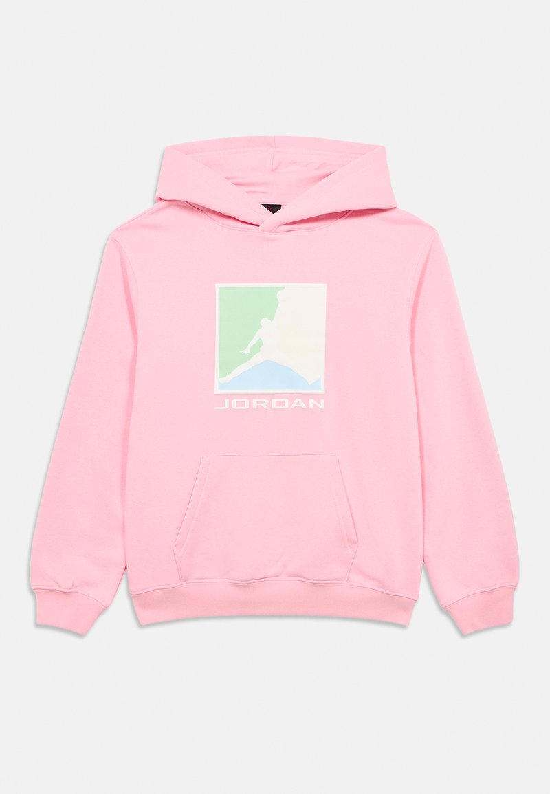 Ροζ φούτερ με κουκούλα και τσέπη καγκουρό, με πολύχρωμο λογότυπο και το γράμμα "JORDAN" τυπωμένο σε λευκό. Μαλακό, βαμβακερό υλικό.