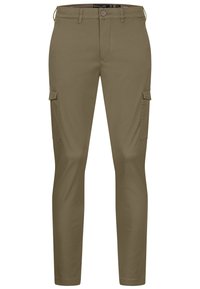Pantalones cargo de color verde aceituna, fabricados en una mezcla de algodón, que presentan dos bolsillos laterales, un bolsillo trasero y un cierre de botón con cintura con presillas para cinturón.
