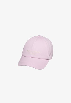 Casquette de baseball rose clair avec une visière courbée et "Marc O'Polo" brodé en blanc sur le panneau avant.