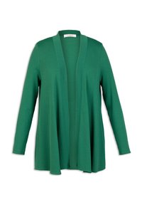 Grön, lätt cardigan med sjalkrage, långa ärmar och öppen framsida. Har en mjuk textur och faller fint.