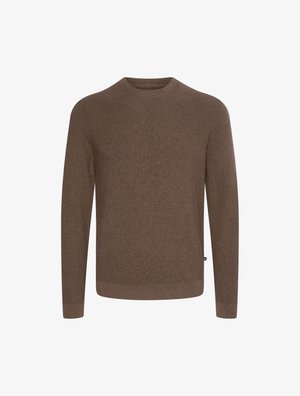 Bruine gebreide pullover met een ronde hals, lange mouwen en geribde manchetten en zoom. Gemaakt van zachte stof met een gestructureerd patroon.