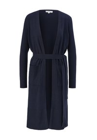 Long cardigan bleu marine à ouverture sur le devant, avec ceinture à la taille et deux poches avant, en tissu tricoté doux.
